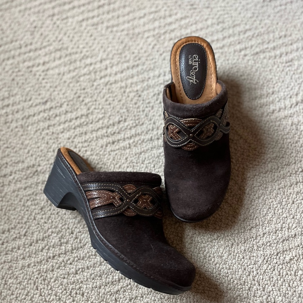 EuroSoft Britta Clogs Brown Suede Braided Leather Accent Size 9